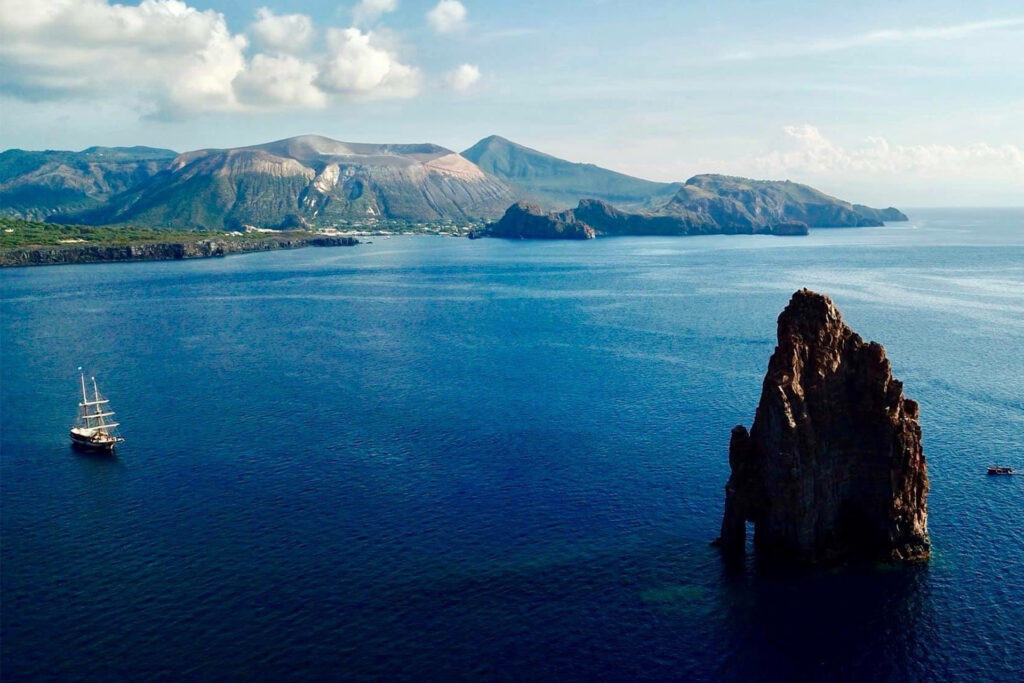 Tallship Florette at anchor off the Aeolian island of Vulcano